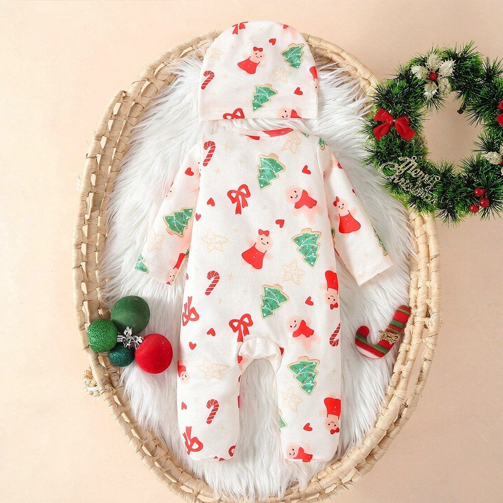 2PCS Gingerbread Man Bow Print Long Sleeve Christmas Baby Girl Jumpsuit