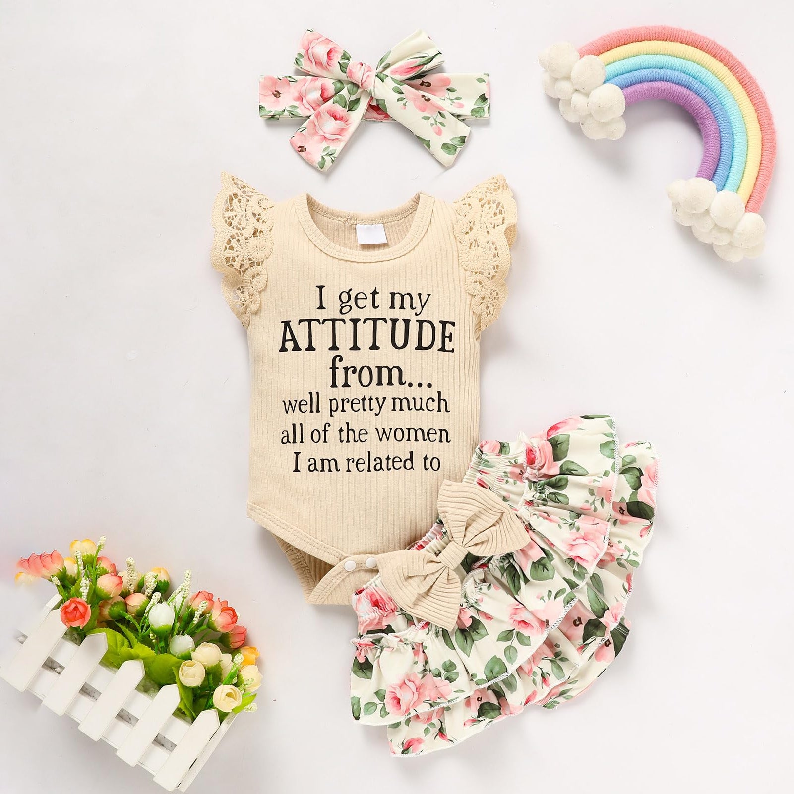 3PCS I Get My Attitude Letter Floral Printed Sleeveless Baby Set