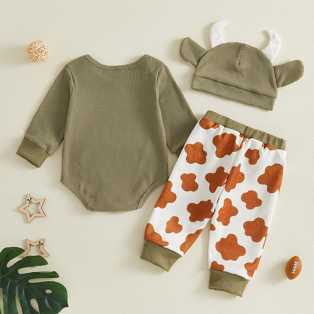 3PCS Cute New to The Herd Letter Applique Cow Print Baby Set