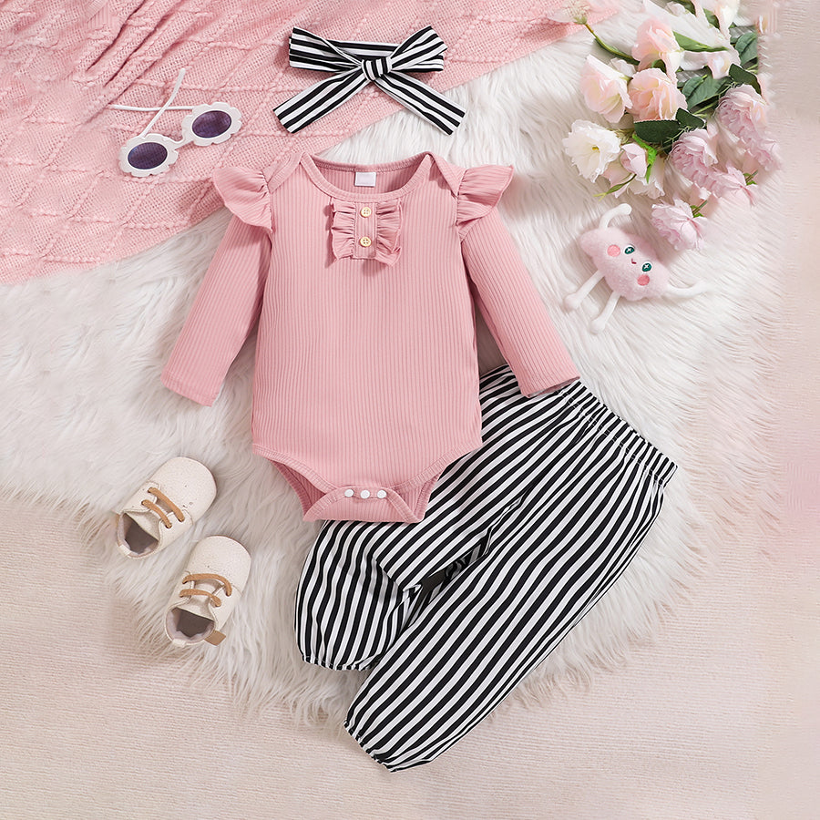 3PCS Fashion Stripe Printed Long Sleeve Baby Set