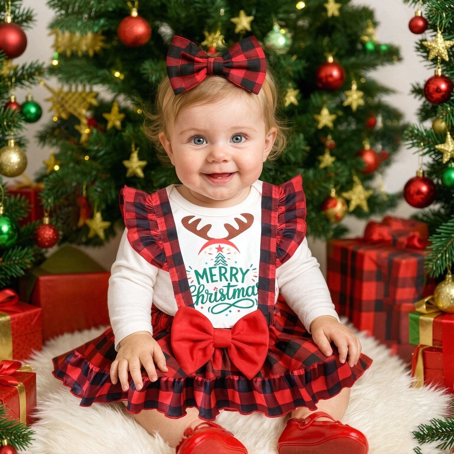 3PCS Merry Christmas Letter Plaid Print Long Sleeve Baby Dress Set