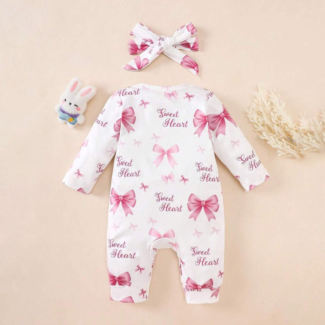 2PCS Sweet Heart Letter Bow Printed Long Sleeve Jumpsuit