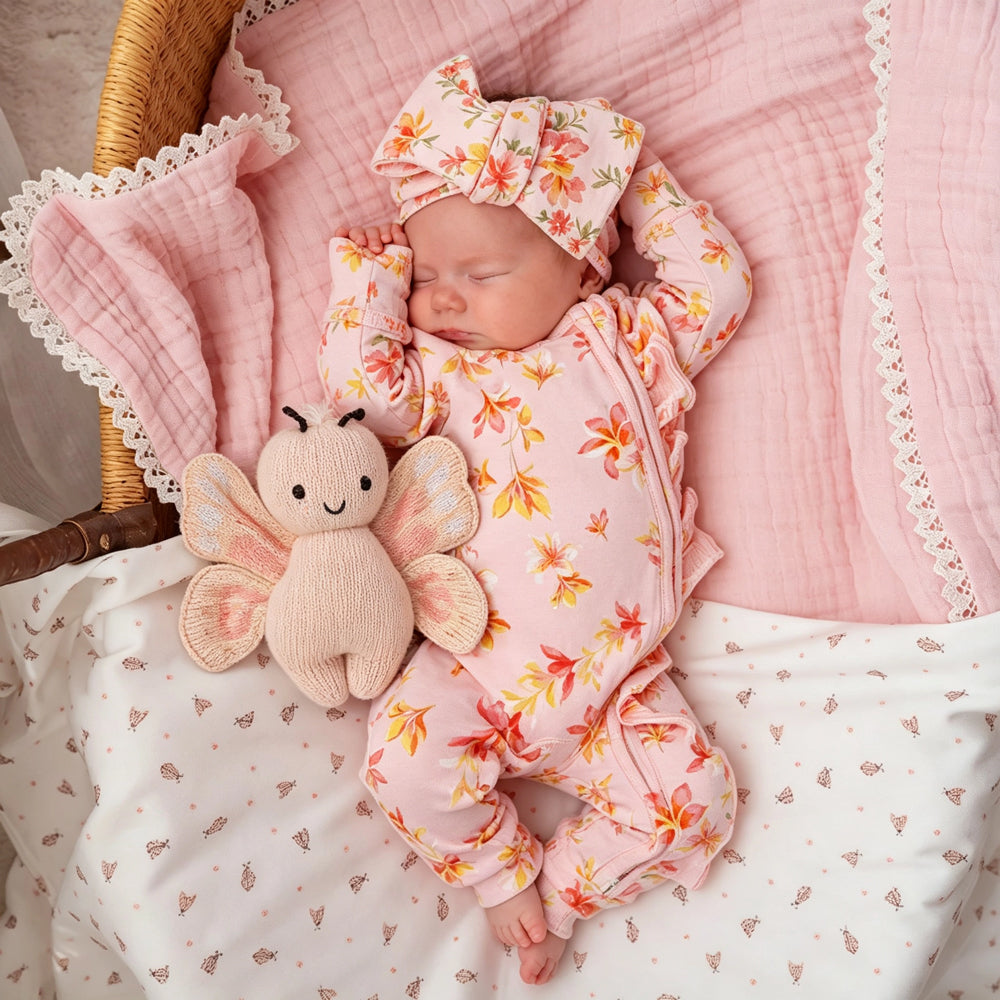 2PCS Classy Floral Print Long Sleeve Ruffle Zipper Baby Jumpsuit
