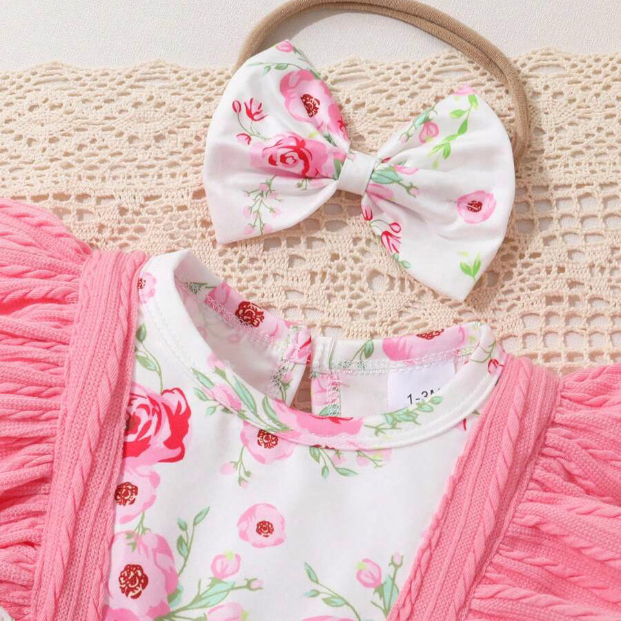 2PCS Sweet Floral Printed Ruffle Bowknot Long Sleeve Baby Jumpsuit