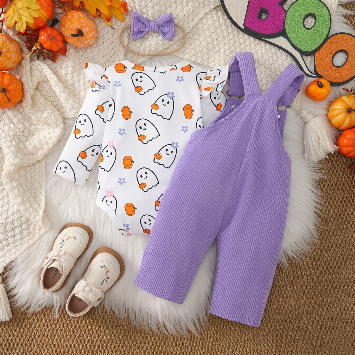 3PCS Little Boo Letter Embroidered Ghost Print Corduroy Overalls Baby Set