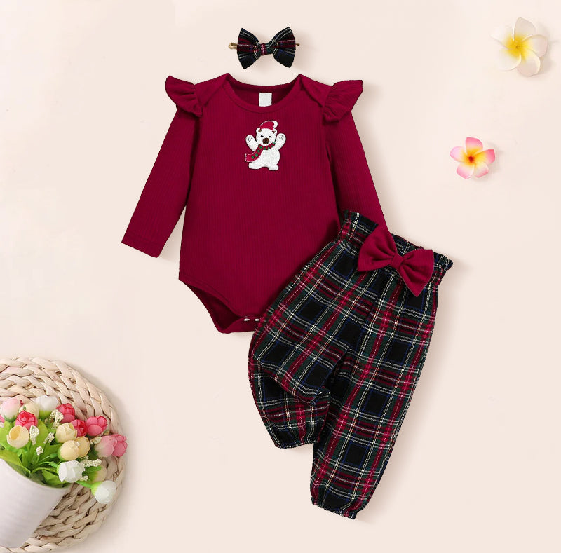 3PCS Bear Embroidery Plaid Printed Long Sleeve Baby Set