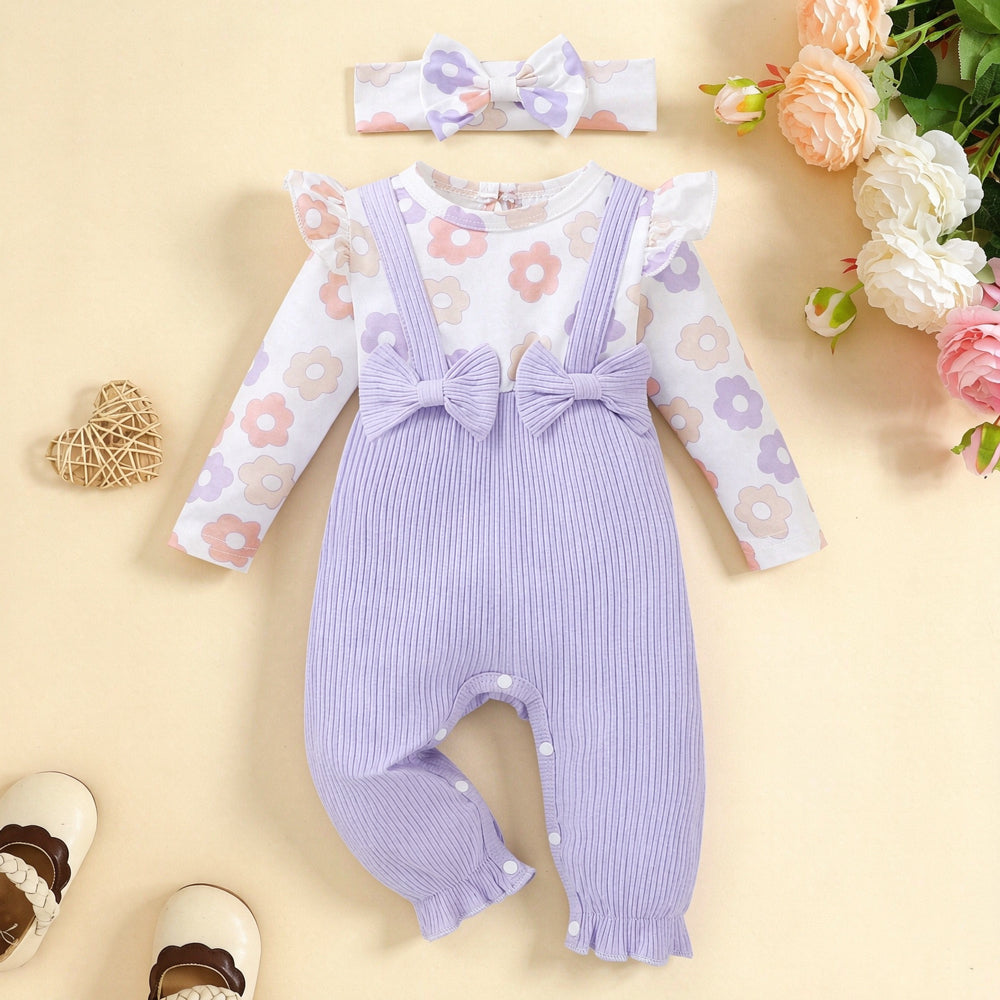 2PCS Elegant Floral Printed Long Sleeve Bow Baby Jumpsuit