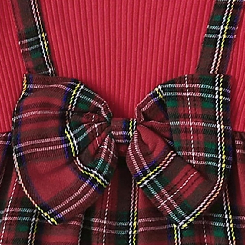 2PCS Pretty Plaid Print Bow Long Sleeve Baby Girl Jumpsuit