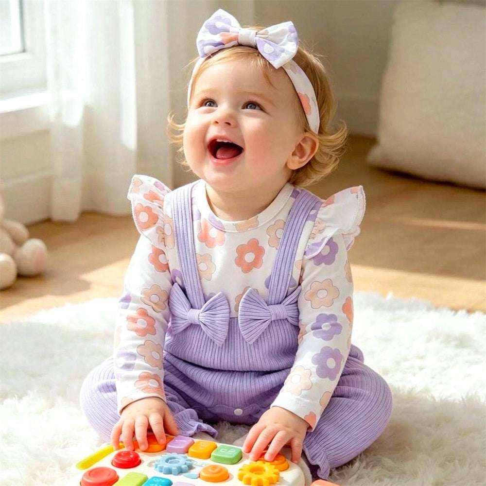 2PCS Elegant Floral Printed Long Sleeve Bow Baby Jumpsuit