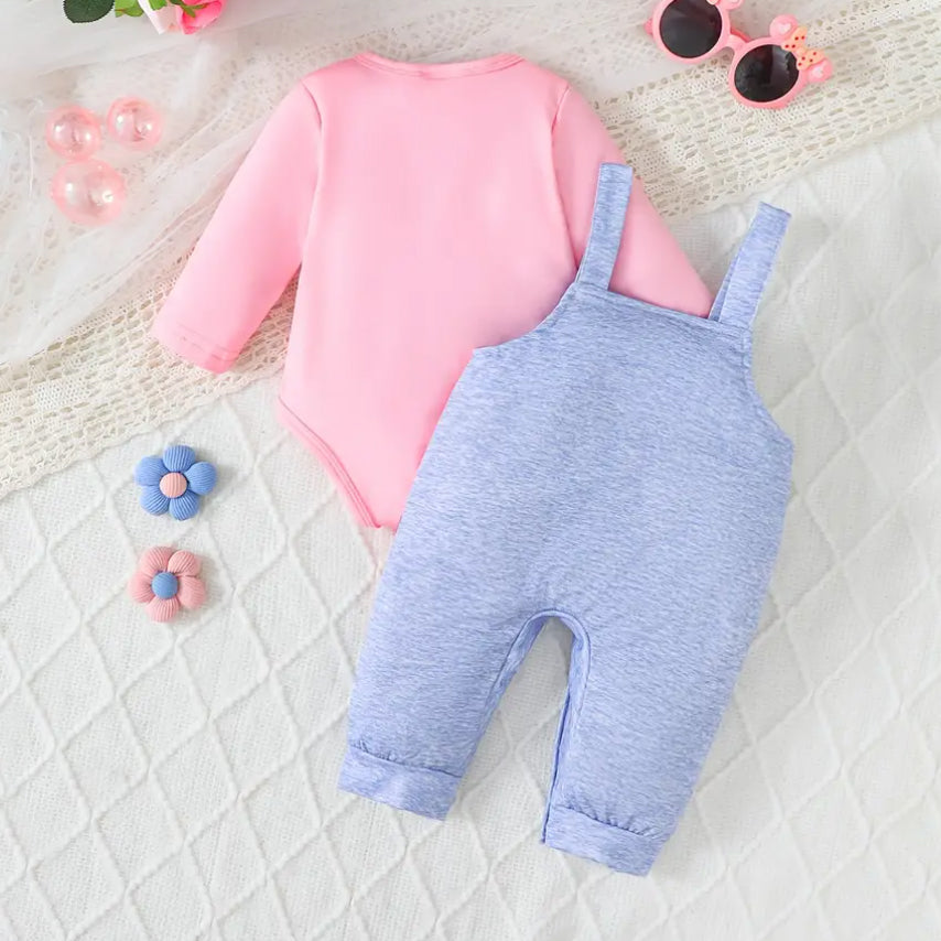 2PCS Lovely Dinosaur Print Long Sleeve Baby Overalls Set