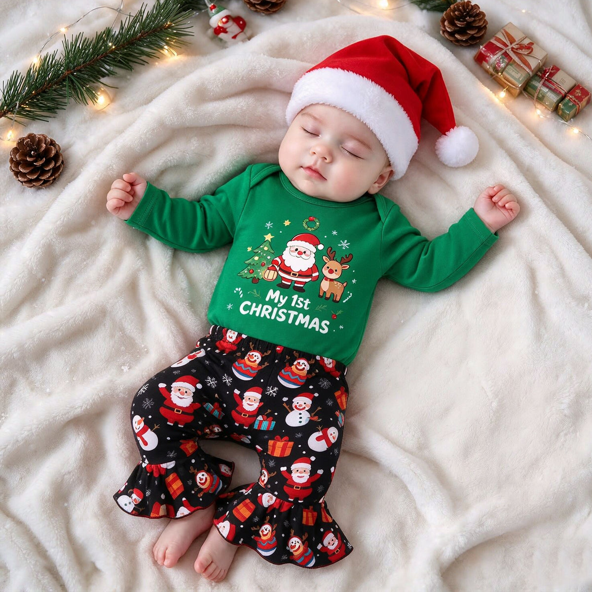 2PCS Pretty My 1st Christmas Letter Santa Claus Print Baby Girl Set