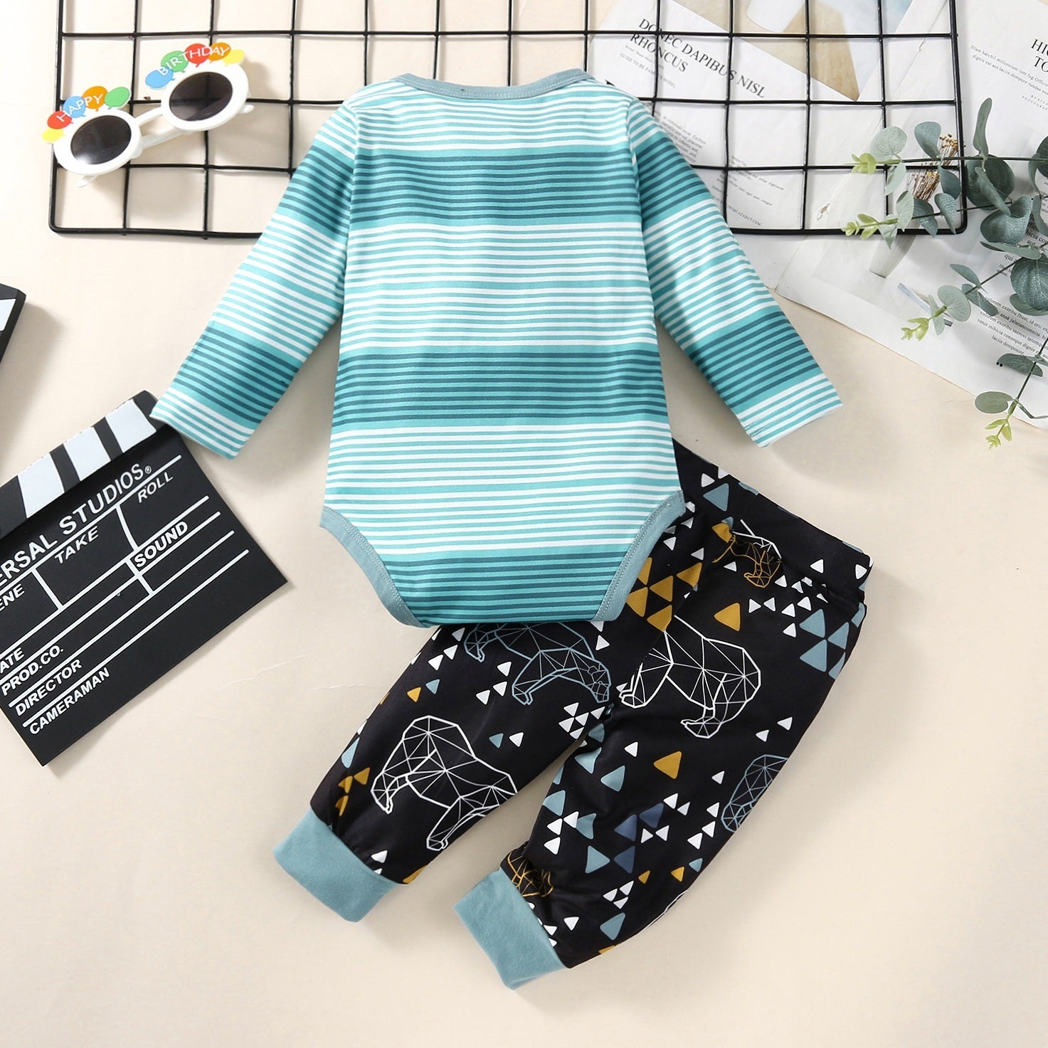 2PCS Bear Stripe Printed Long Sleeve Baby Boy Set