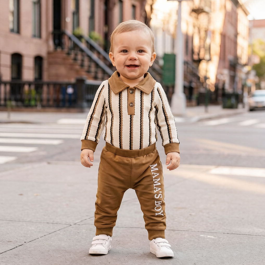 2PCS Chic Mama's Boy Letter Stripe Print Long Sleeve Baby Set