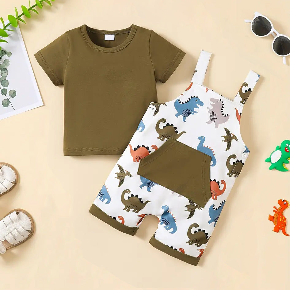 2PCS Summer Dinosaur Printed Short Sleeve Baby Overalls Set