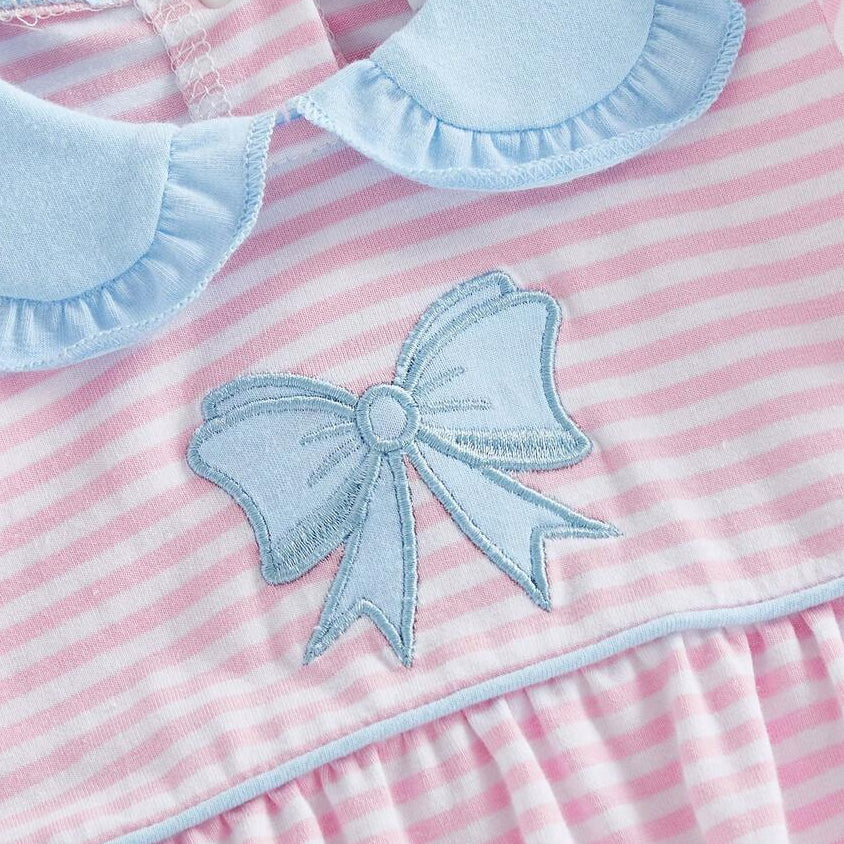 Grace Bow Embroidery Stripe Print Short Sleeve Baby Romper