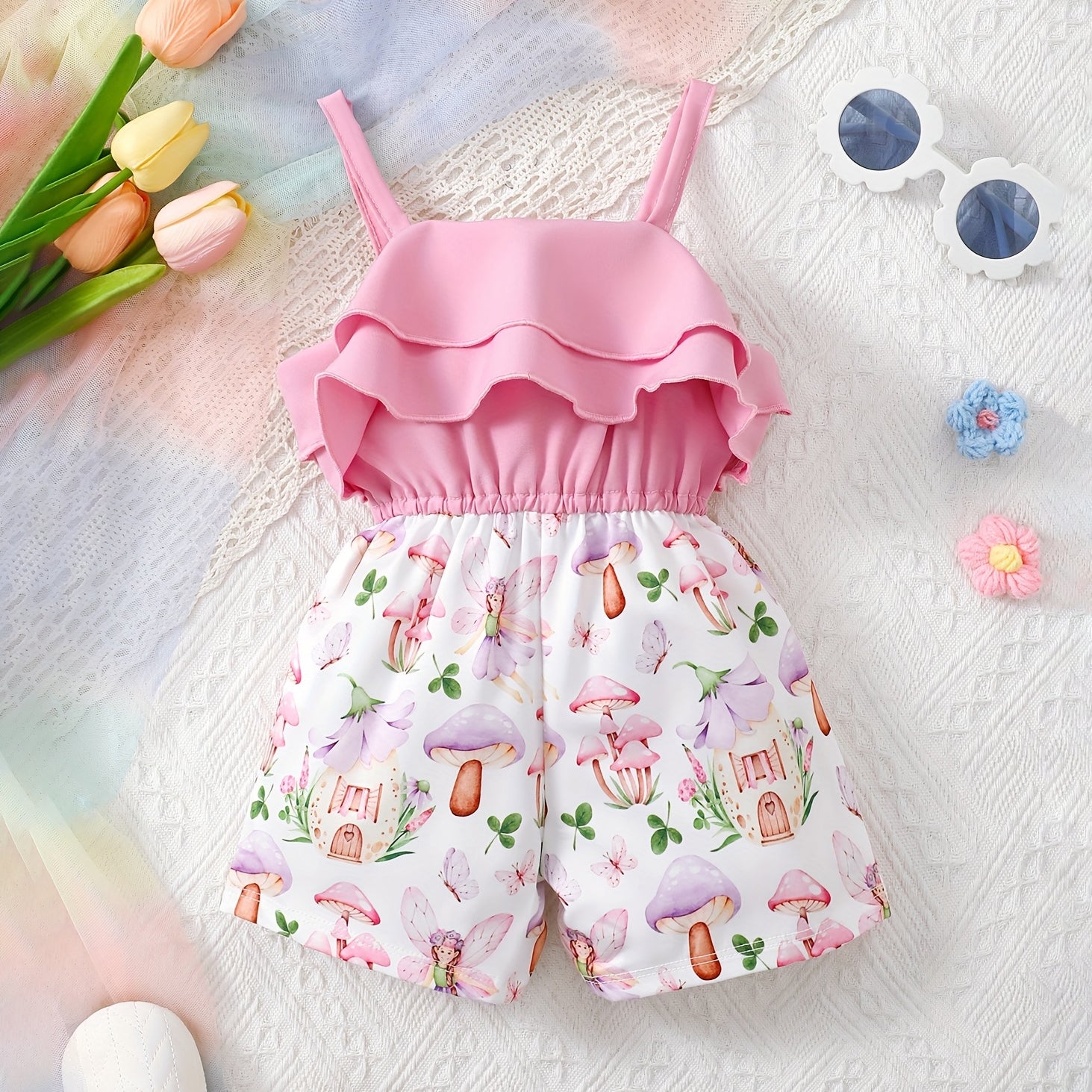 Gorgeous Fairy Mushroom Print Sleeveless Baby Romper