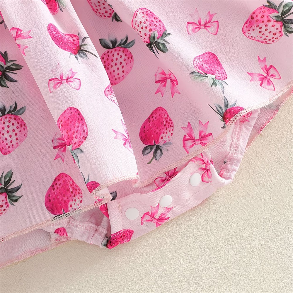 2PCS Sweet Strawberry Printed Fly Sleeve Baby Romper
