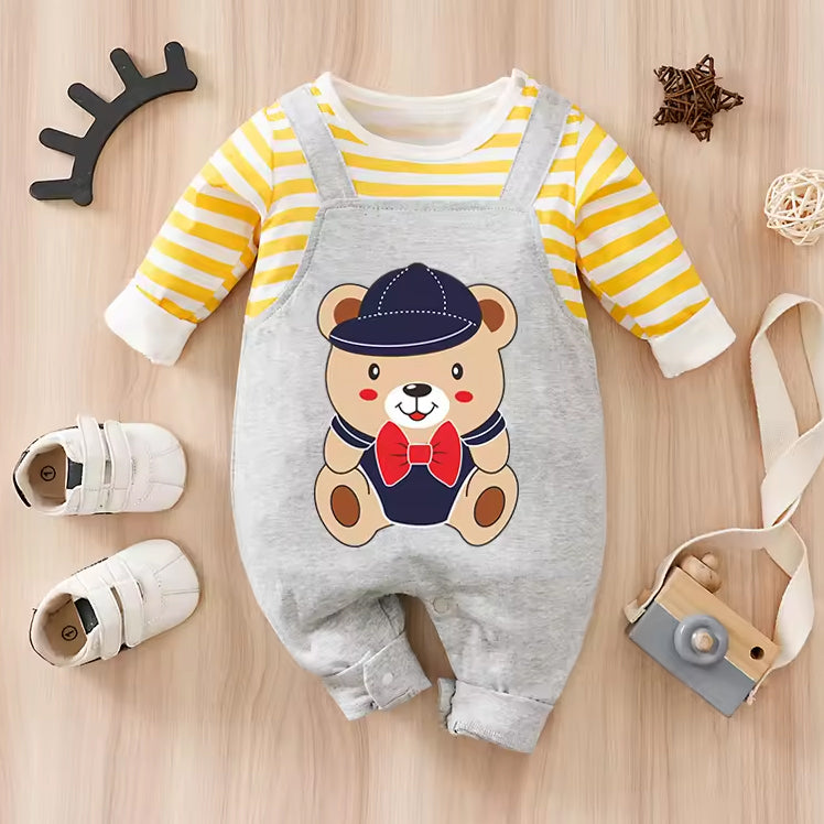 Adorable Bear Print Striped Long Sleeve Baby Jumpsuit