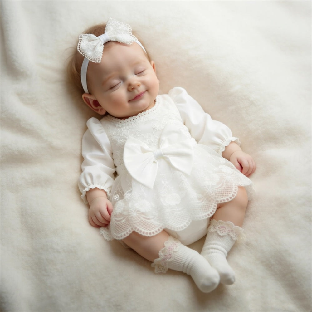2PCS Gorgeous Solid Color Long Sleeve Floral Embroidery Baby Romper