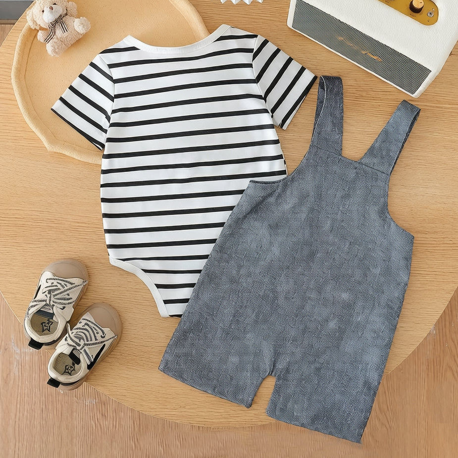 2PCS Cute Teddy Bear & Stripe Print Short Sleeve Overalls Baby Set