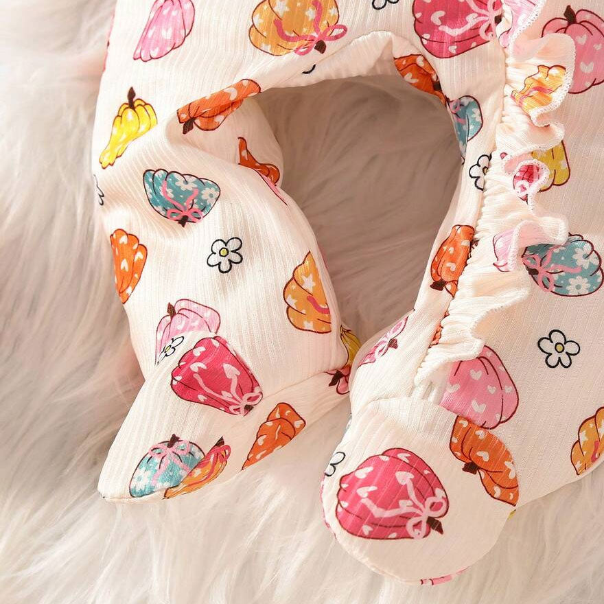 2PCS Halloween Pumpkin and Floral Printed Long Sleeve Zipper Baby Jumpsuit