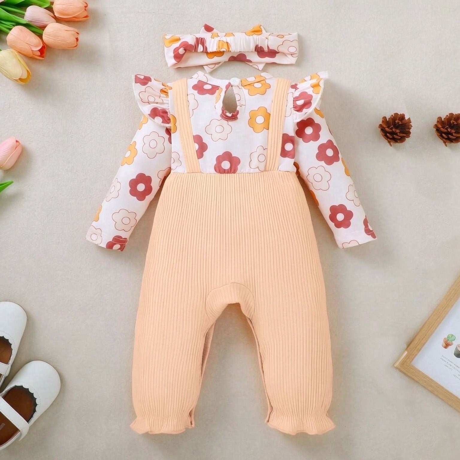 2PCS Graceful Floral Print Ruffle Long Sleeve Baby Jumpsuit