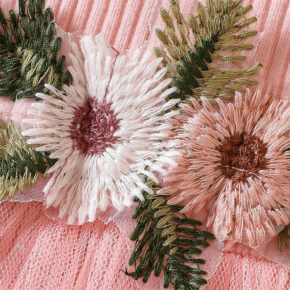 2PCS Floral Embroidery Fly Sleeve Tulle Skirt Baby Romper