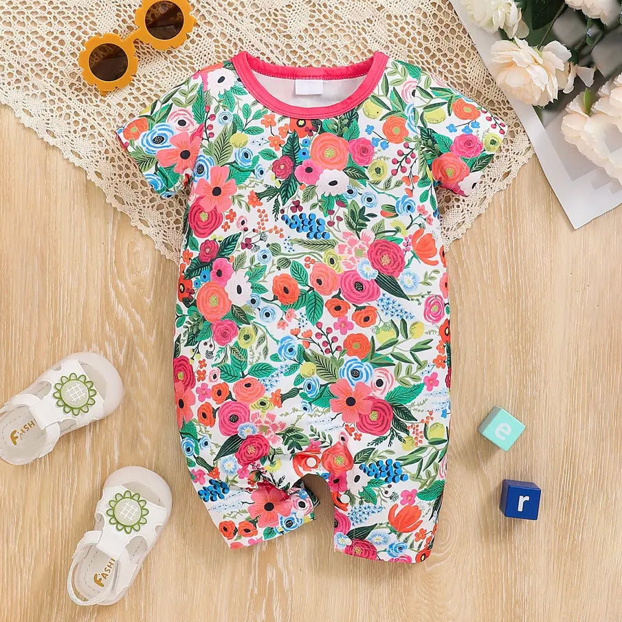 Lovely Floral Printed Short Sleeve Baby Jumpsuit