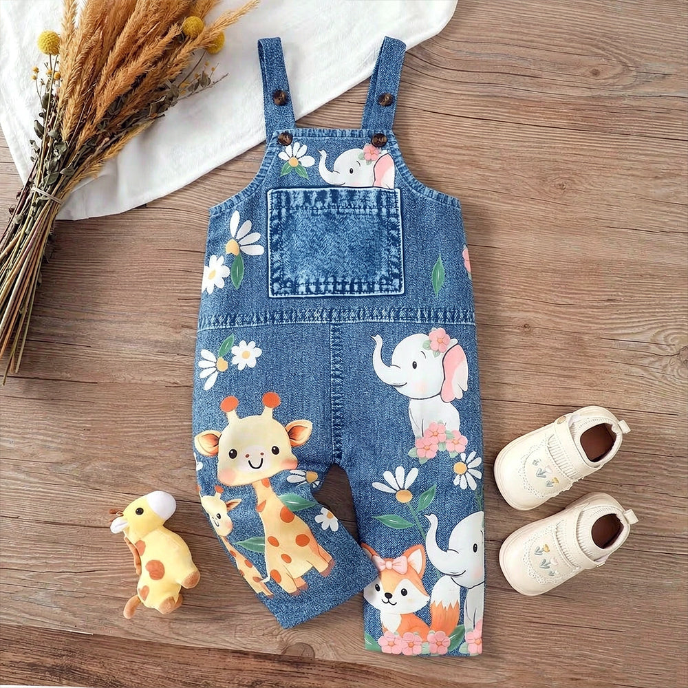 Cute Animal Printed Denim Baby Overalls