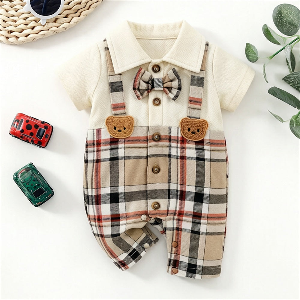 Adorable Bear Appliqué Plaid Print Short Sleeve Baby Jumpsuit