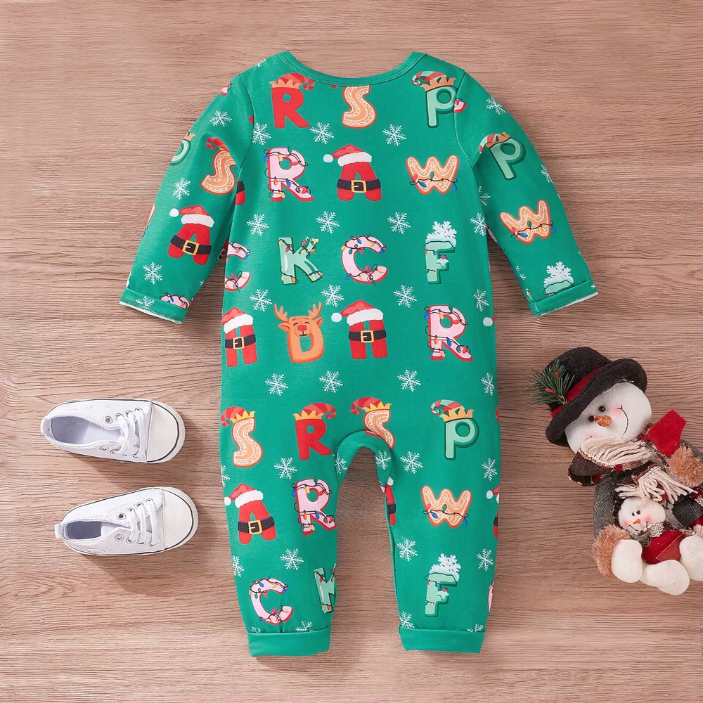 Lovely Cartoon Christmas Alphabet Print Long Sleeve Baby Jumpsuit