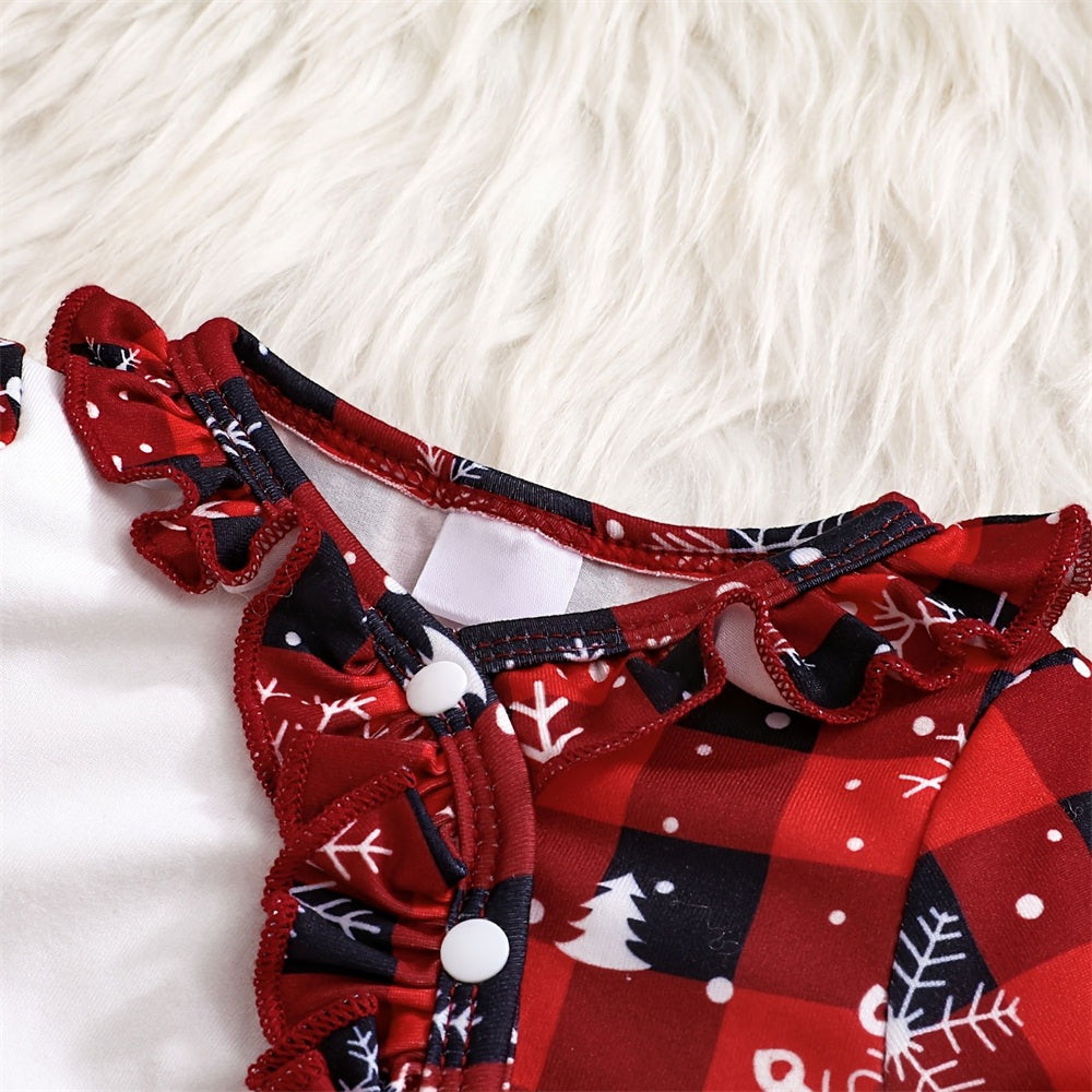 3PCS Merry Christmas Letter Snow Plaid Printed Baby Jumpsuit