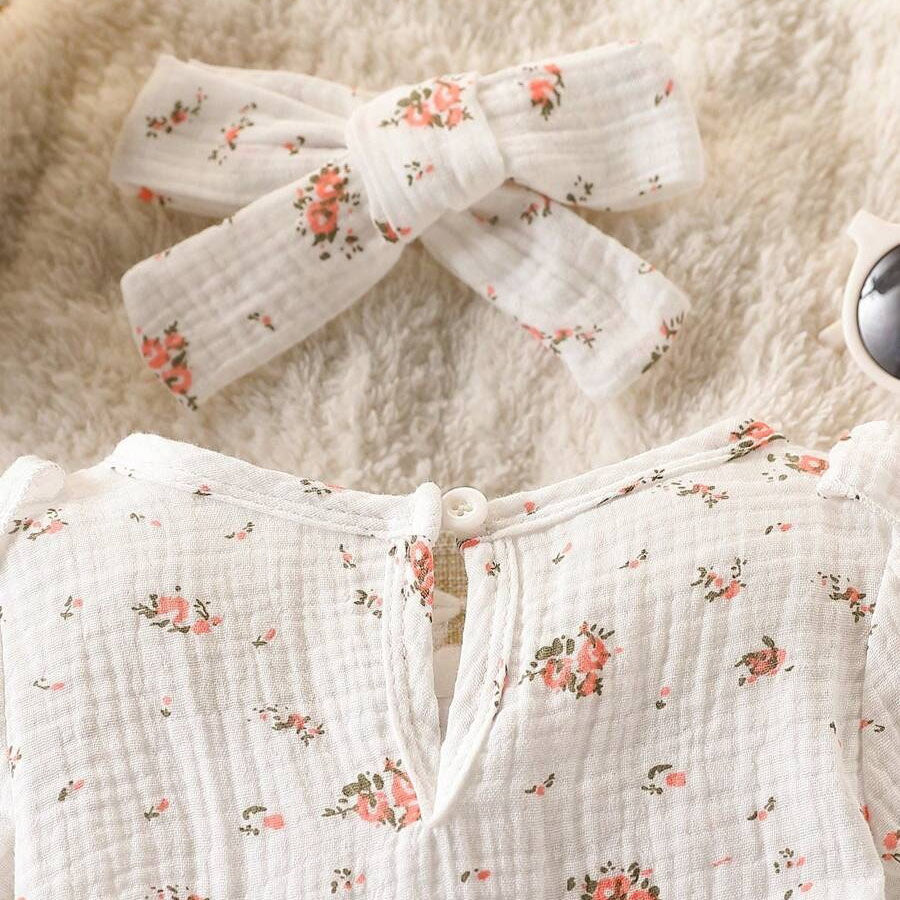 3PCS Floral Printed Bow Long Sleeve Baby Girl Romper