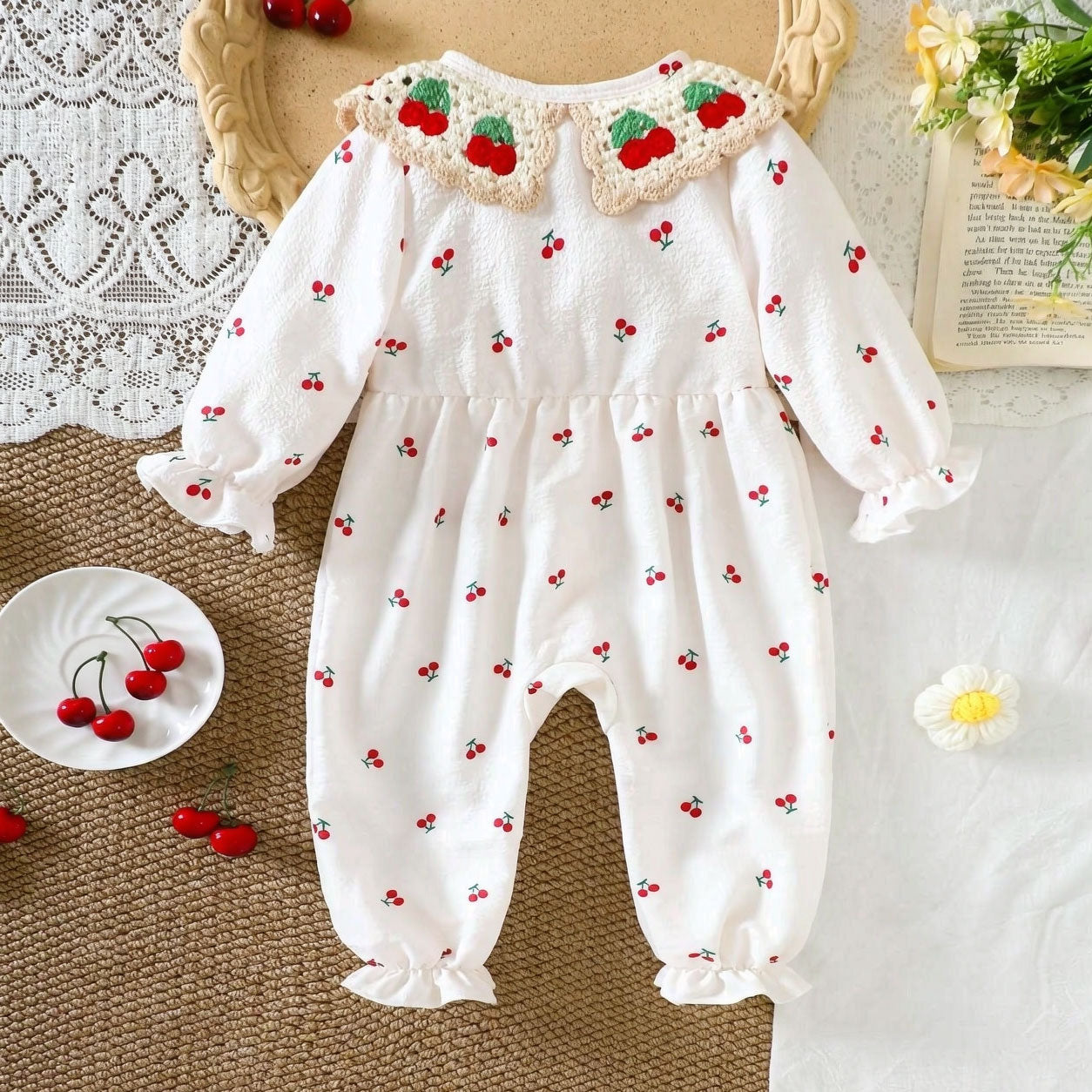 All-Over Cherry Printed Crochet Collar Long Sleeve Baby Jumpsuit