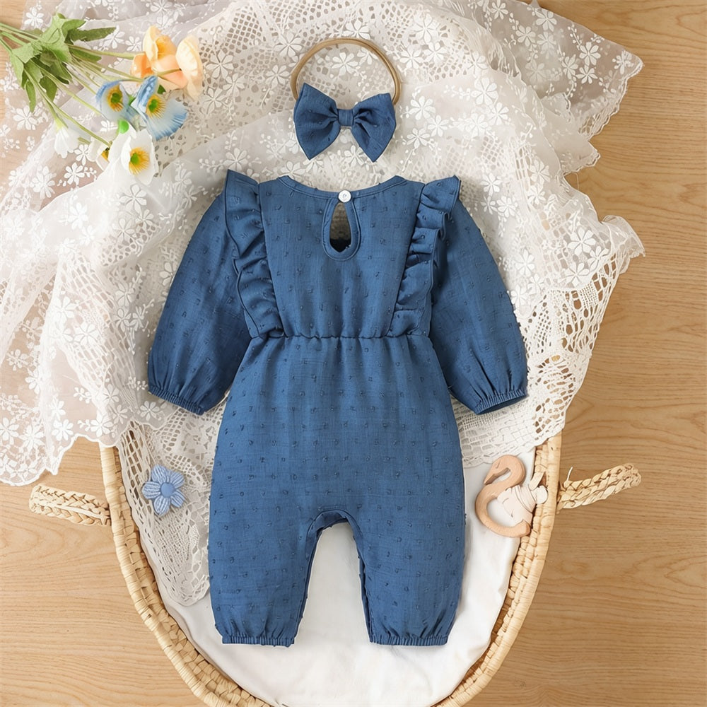 2PCS Lovely Solid Color Bow Ruffle Baby Jumpsuit