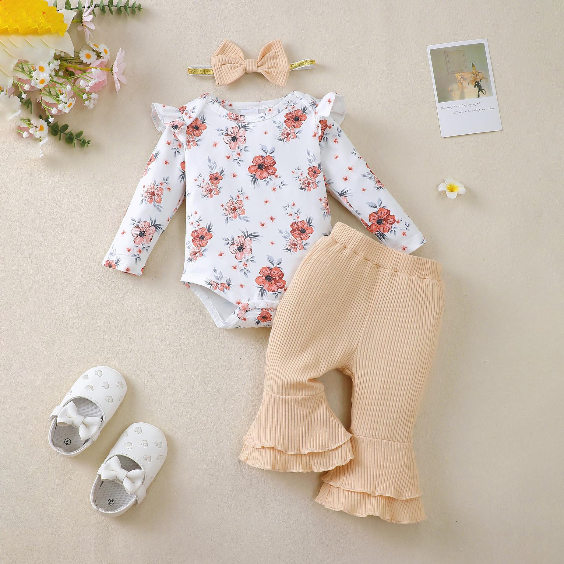 3PCS Refined Floral Printed Long Sleeve Baby Set