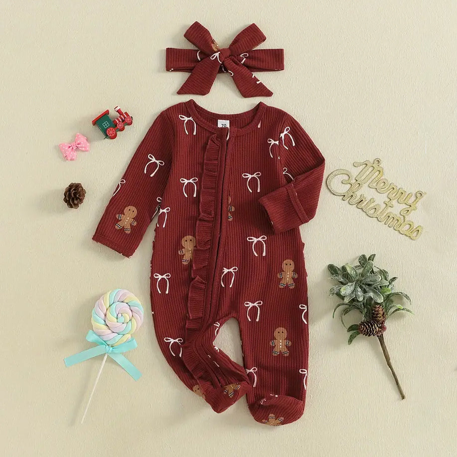 2PCS Christmas Cookie Bow Printed Ruffles Zipper Baby Jumpsuit