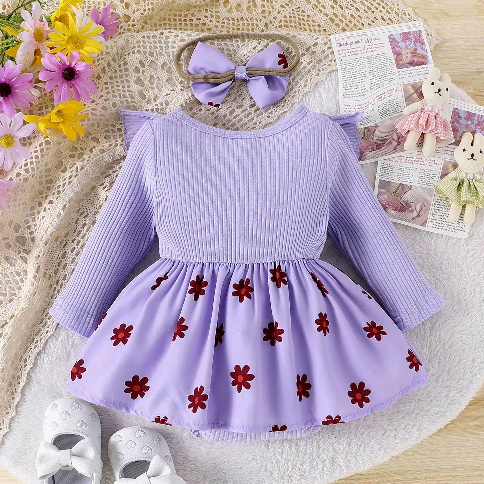 2PCS Adorable Floral Print Bow Long Sleeve Baby Romper