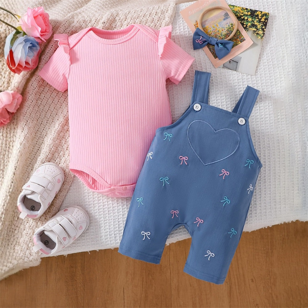 2PCS Sweet Bow Printed Short Sleeve Baby Overalls Set