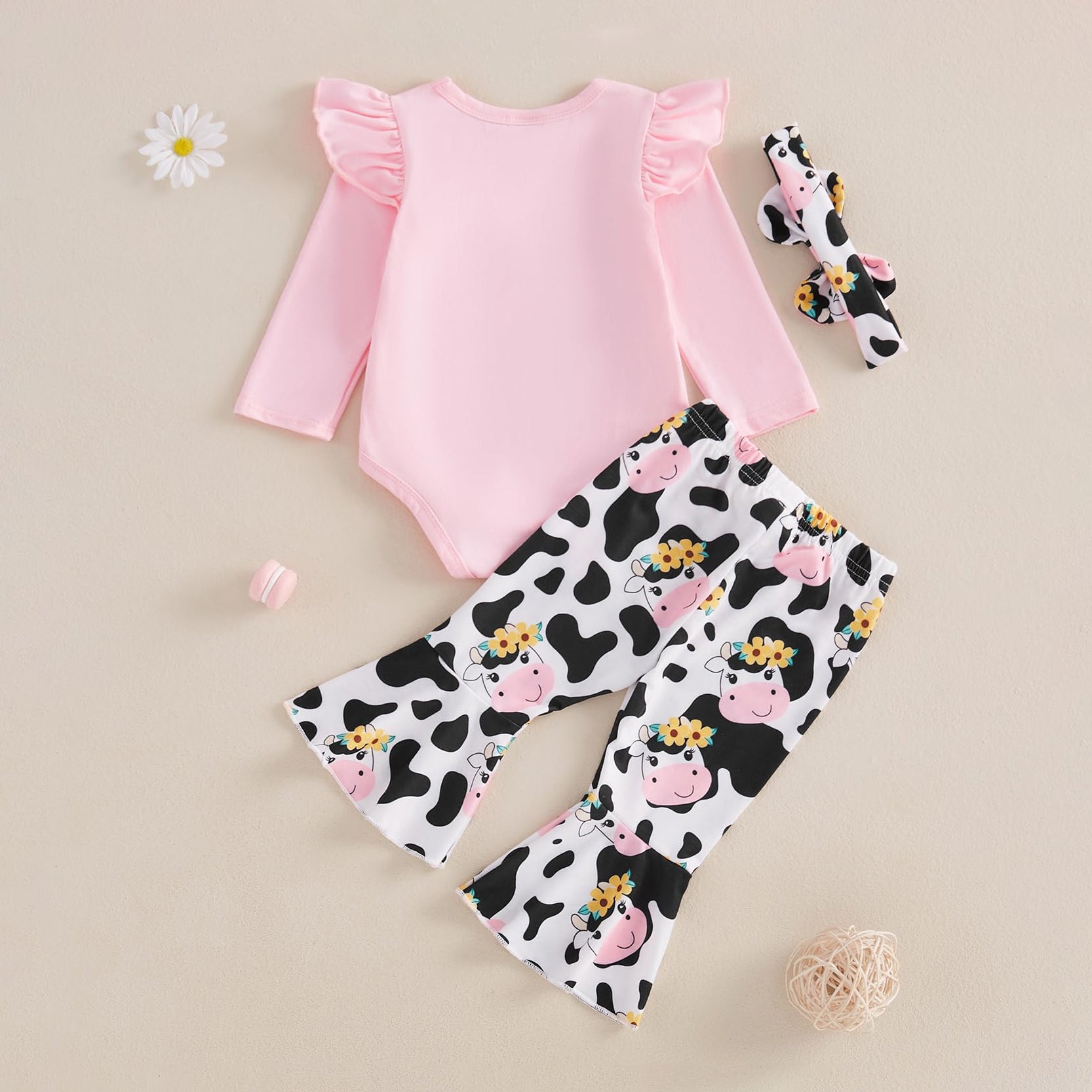 3PCS Mama IS My Bestie Letter Cow Printed Long Sleeve Baby Set