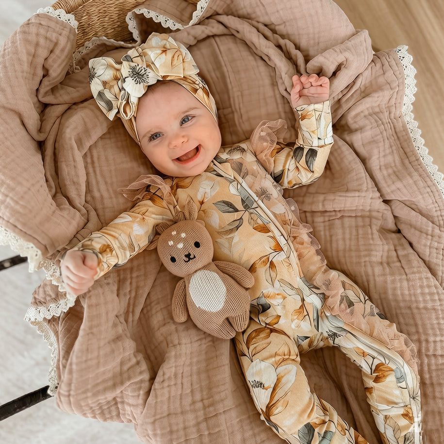 2PCS Maillard Style Floral Print Tulle Zipper Long Sleeve Baby Jumpsuit