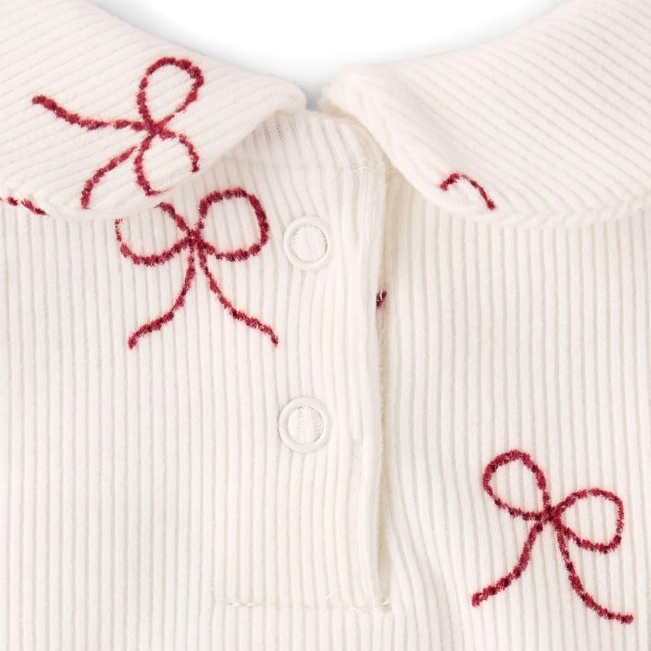 2PCS Sweet Bow Print Red Velvet Long Sleeve Baby Overalls Set