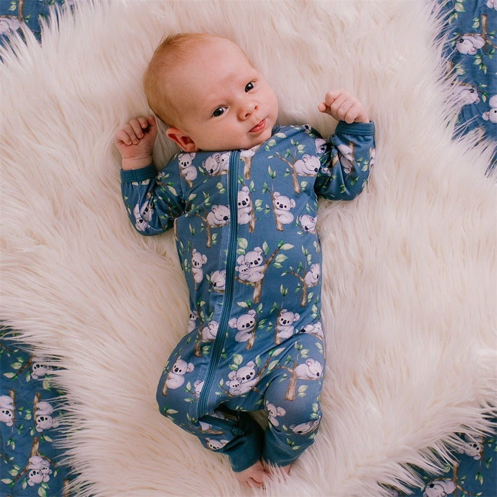 Soft Koala Print Long Sleeve Zipper Baby Jumpsuit