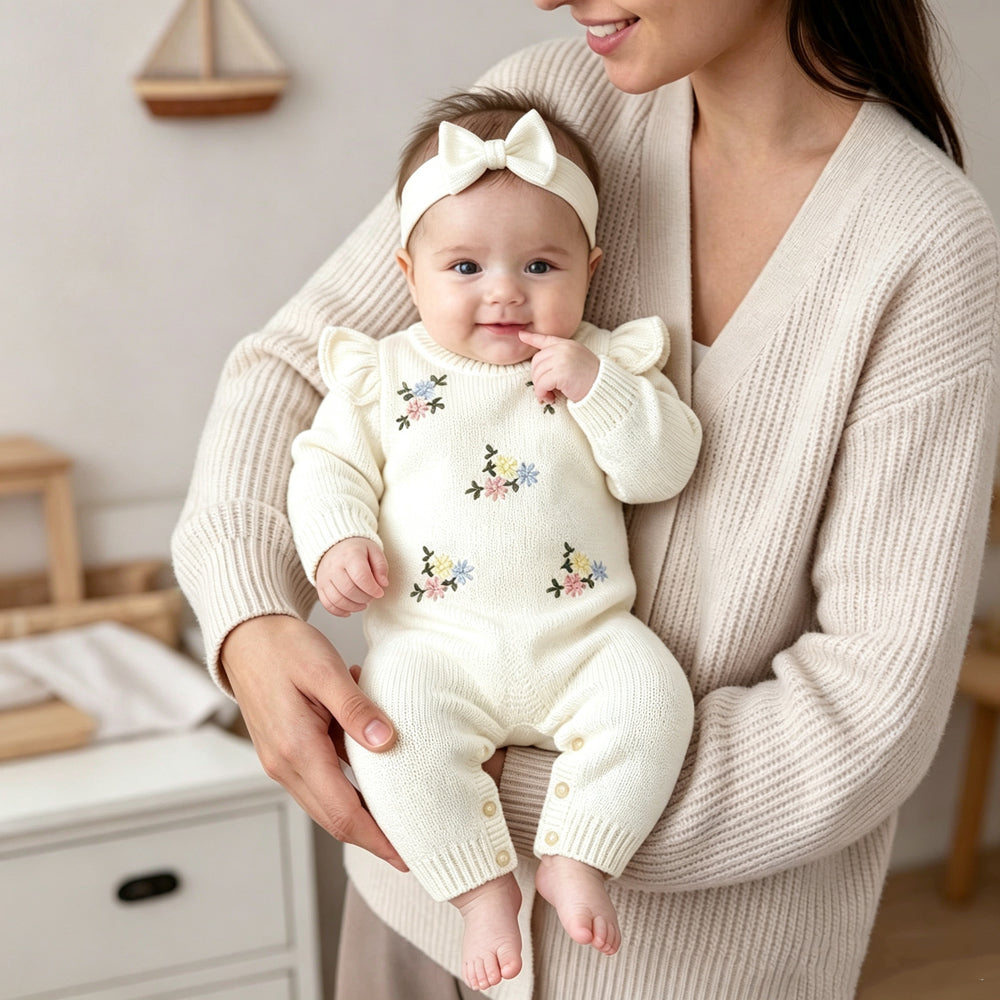 Elegant Floral Embroidery Long Sleeve Knit Baby Girl Jumpsuit