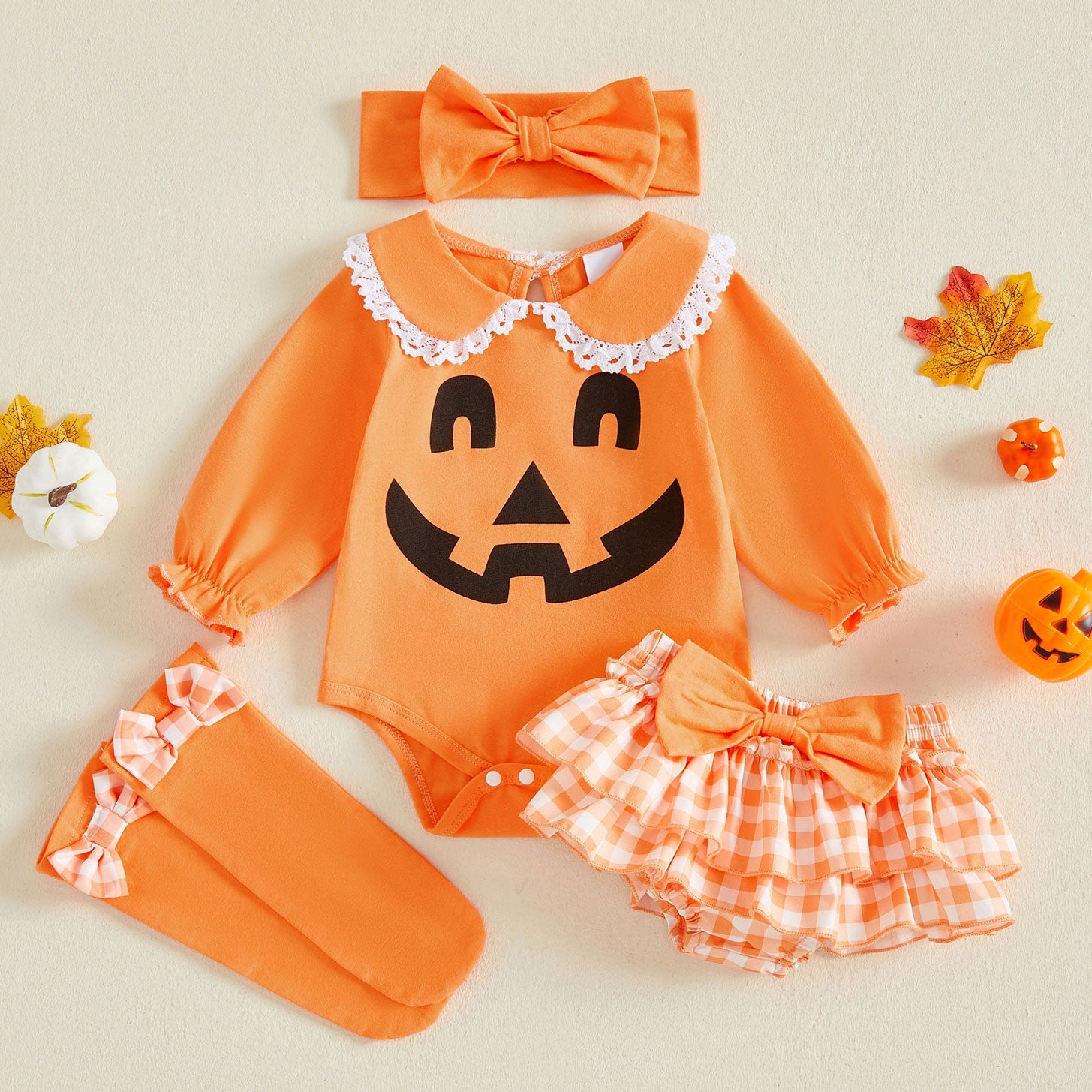 4PCS Lovely Halloween Plaid Printed Long Sleeve Baby Set