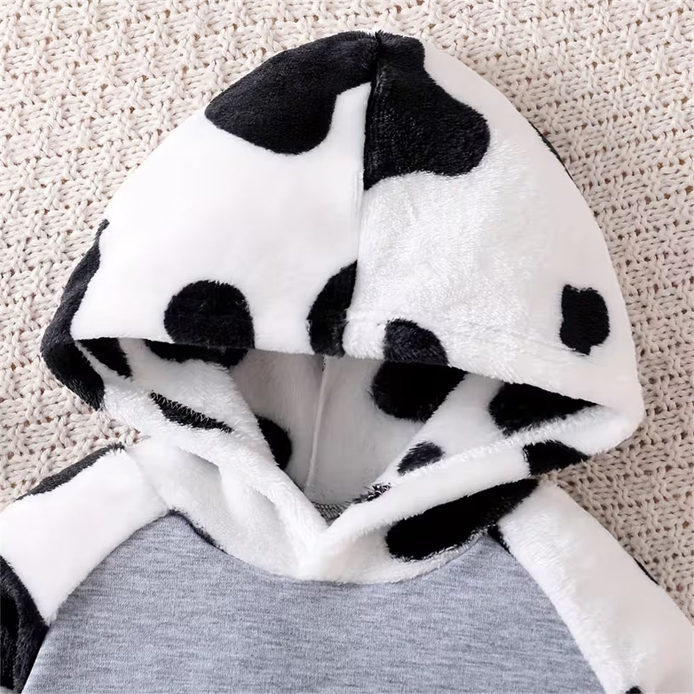 2PCS Cute Cow Print Fuzzy Long Sleeve Hoodie Baby Set