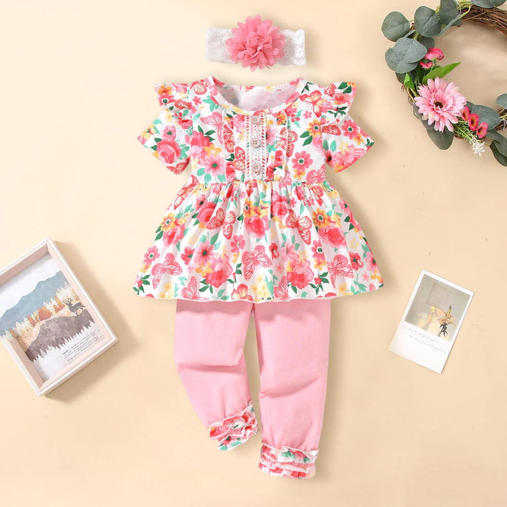3PCS Pretty Floral Printed Ruffle Short Sleeve Baby Girl Set