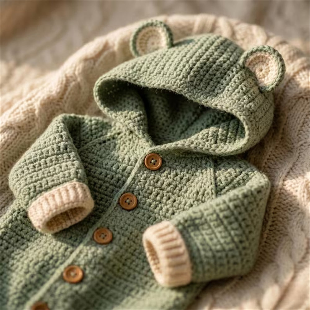 Cozy Solid Color 3D Bear Ear Knit Hooded Long Sleeve Baby Jumpsuit