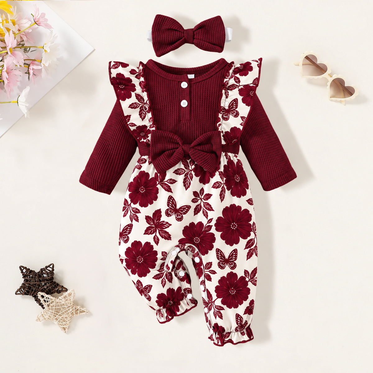 2PCS Pretty Baby Girl Floral Print Ruffle Long Sleeve Jumpsuit