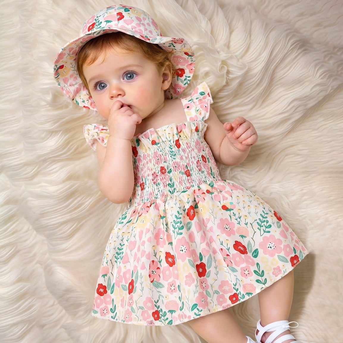 2PCS Gorgeous Floral Print Sleeveless Baby Romper With Hat